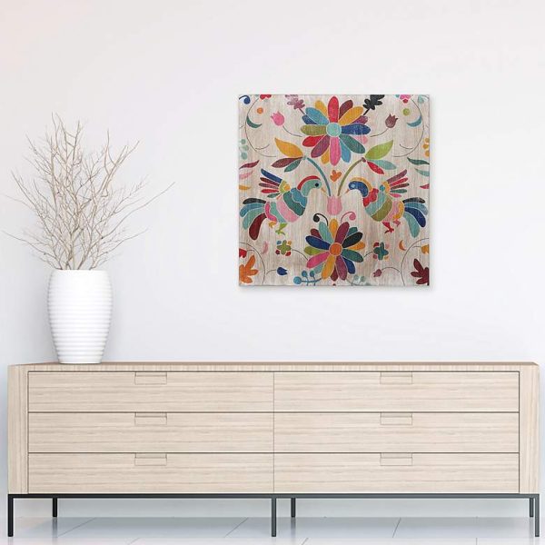 Giclee Folk Flowers & Bird Print On Wood
